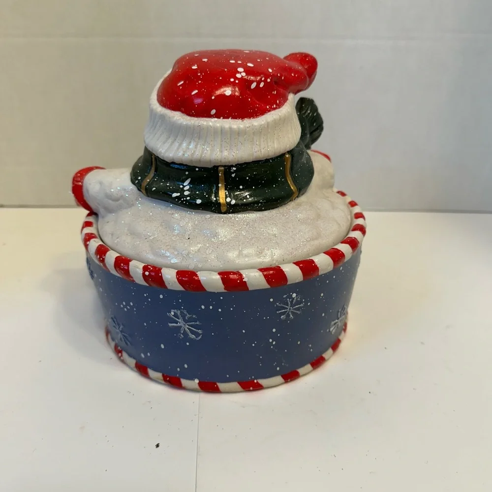 Holiday Snowman Ceramic Treats Jar‎ Blue Snowflake Christmas Candy Cookie Pot